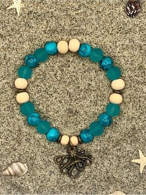 Teal and Wood Beaded Kraken Charm Stretch Bracelet
